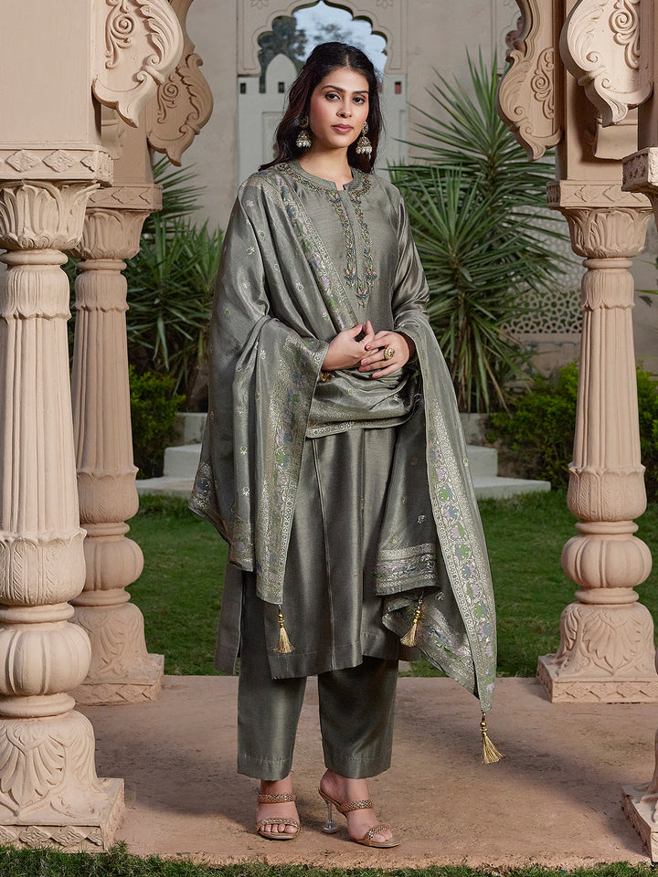 Grey Semi Silk Suit Set