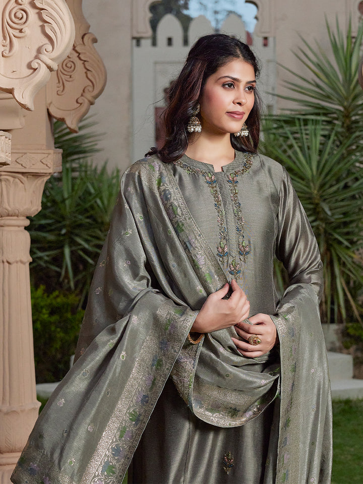 Grey Semi Silk Suit Set
