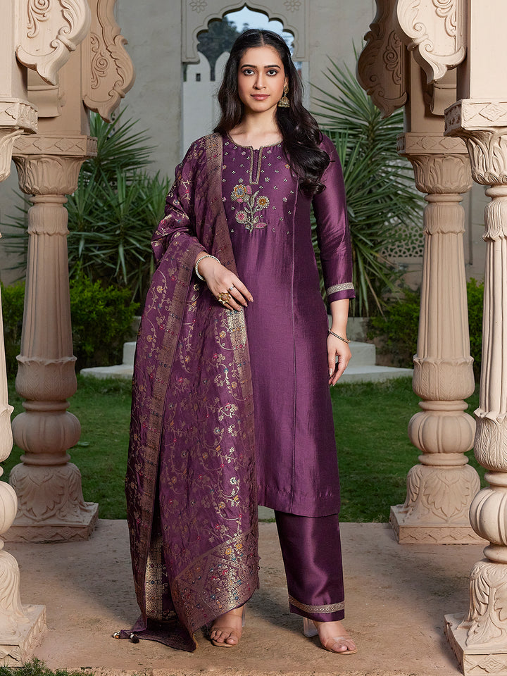 Deep Plum Semi Silk Suit Set