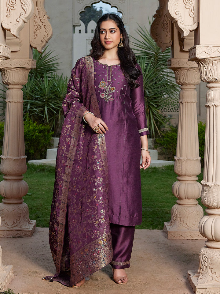 Deep Plum Semi Silk Suit Set