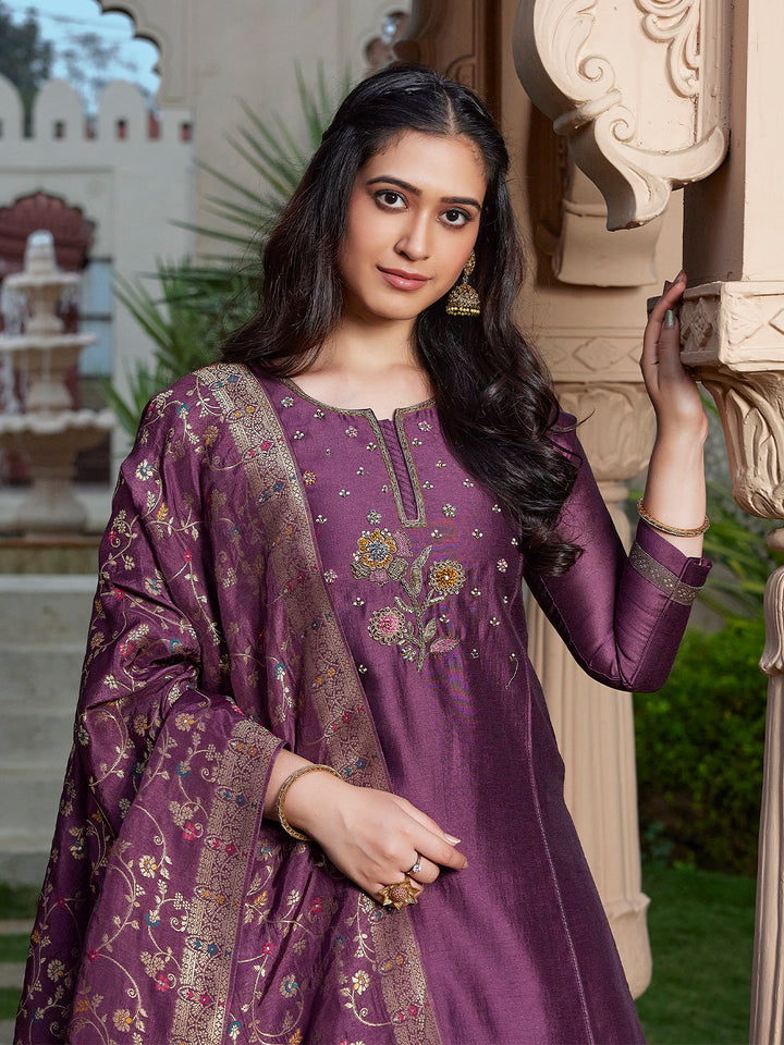 Deep Plum Semi Silk Suit Set
