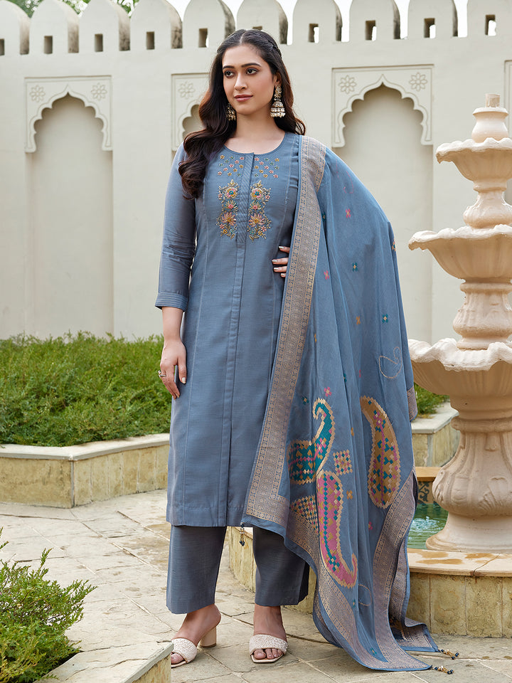 Slate Blue Semi Silk Suit Set