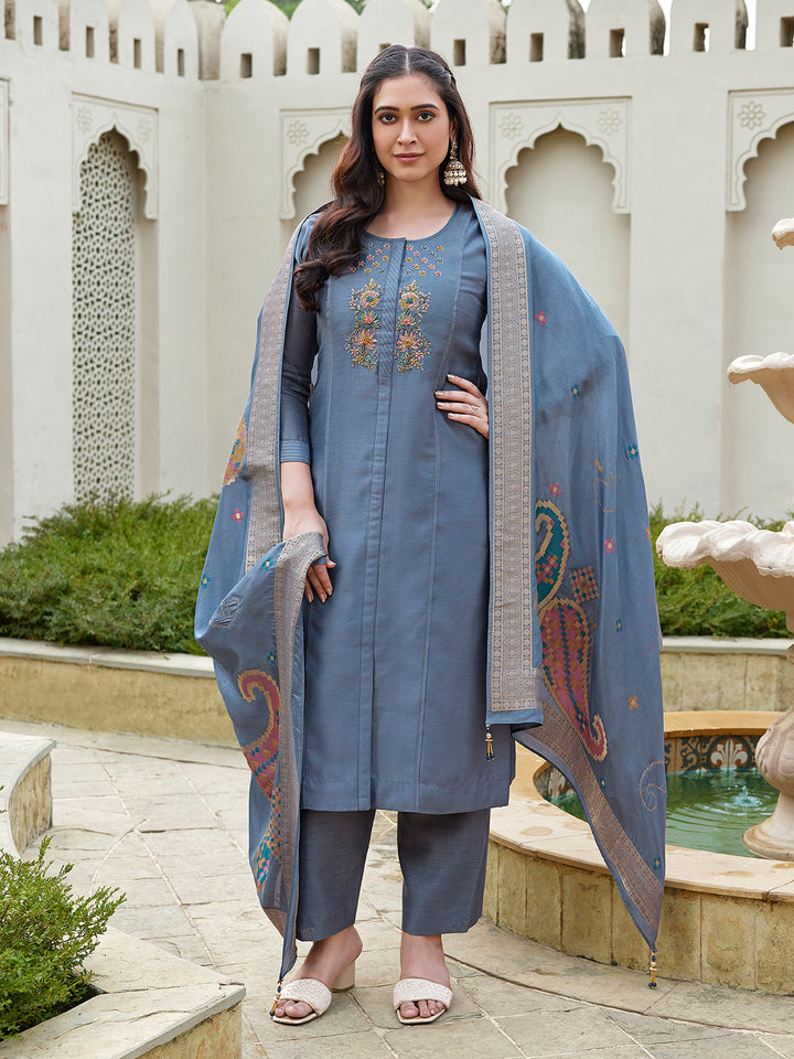 Slate Blue Semi Silk Suit Set