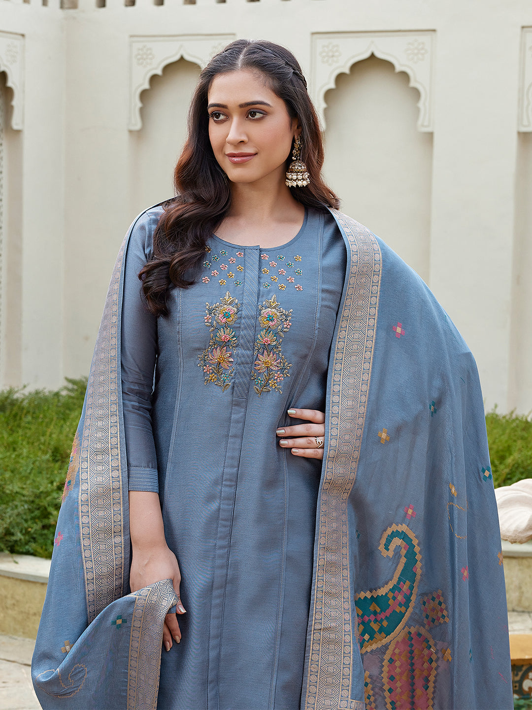 Slate Blue Semi Silk Suit Set