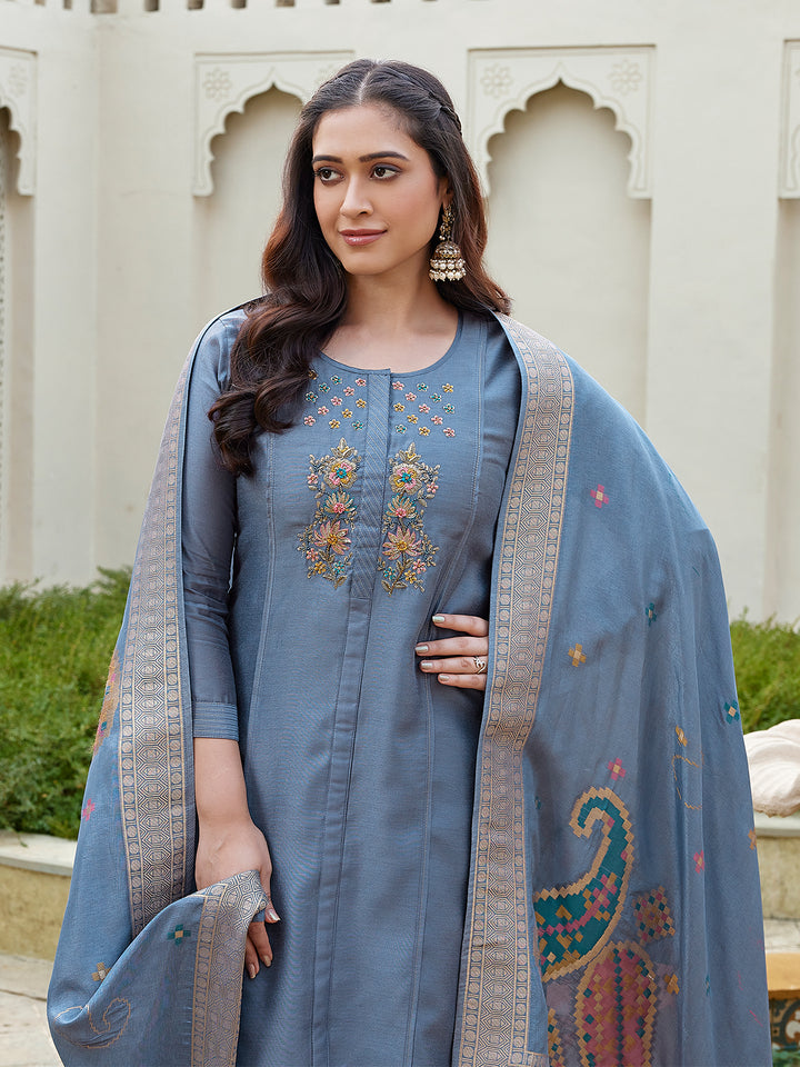 Slate Blue Semi Silk Suit Set
