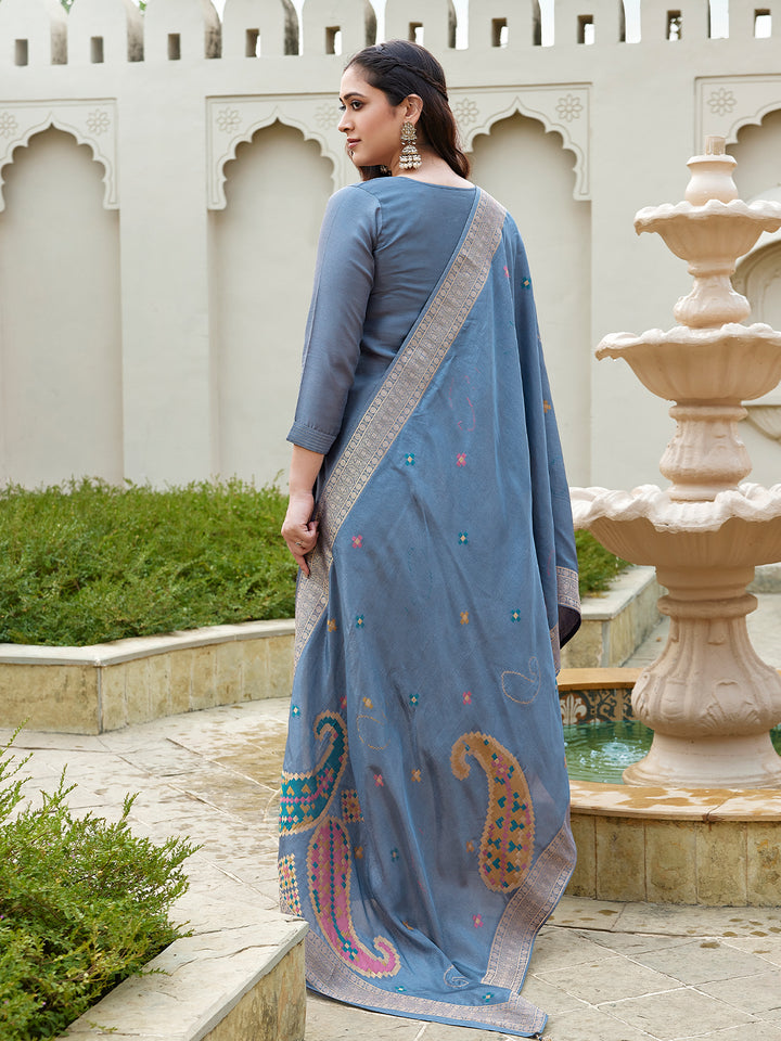 Slate Blue Semi Silk Suit Set
