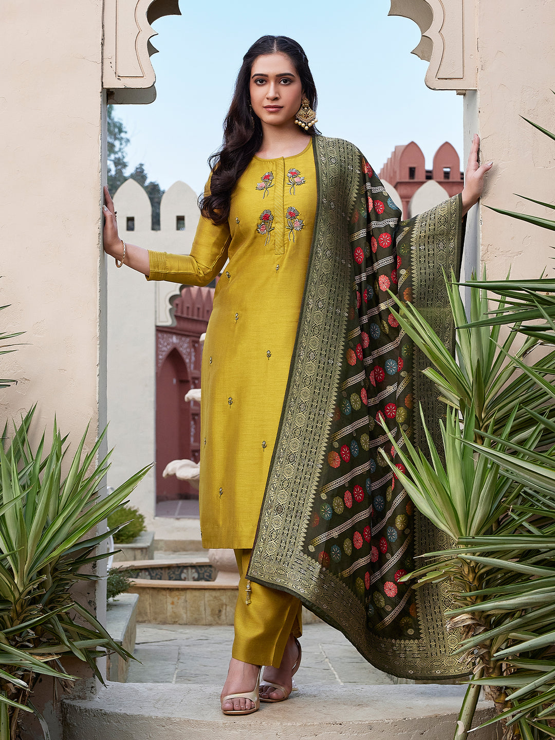 Mustard Yellow Semi Silk Suit Set