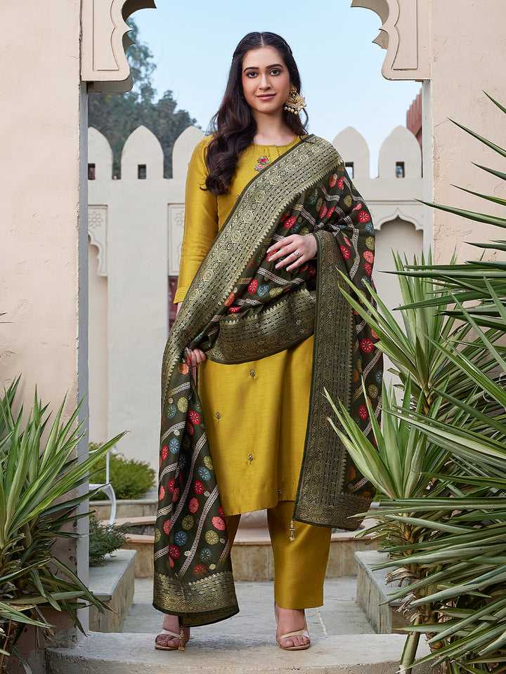 Mustard Yellow Semi Silk Suit Set