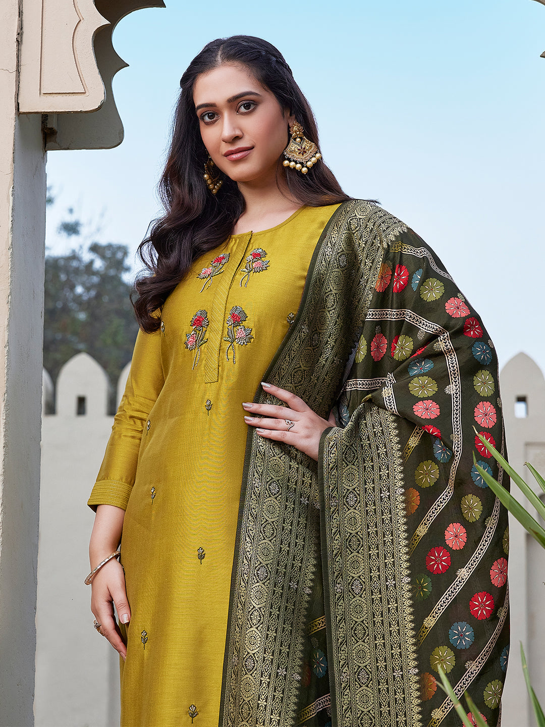 Mustard Yellow Semi Silk Suit Set