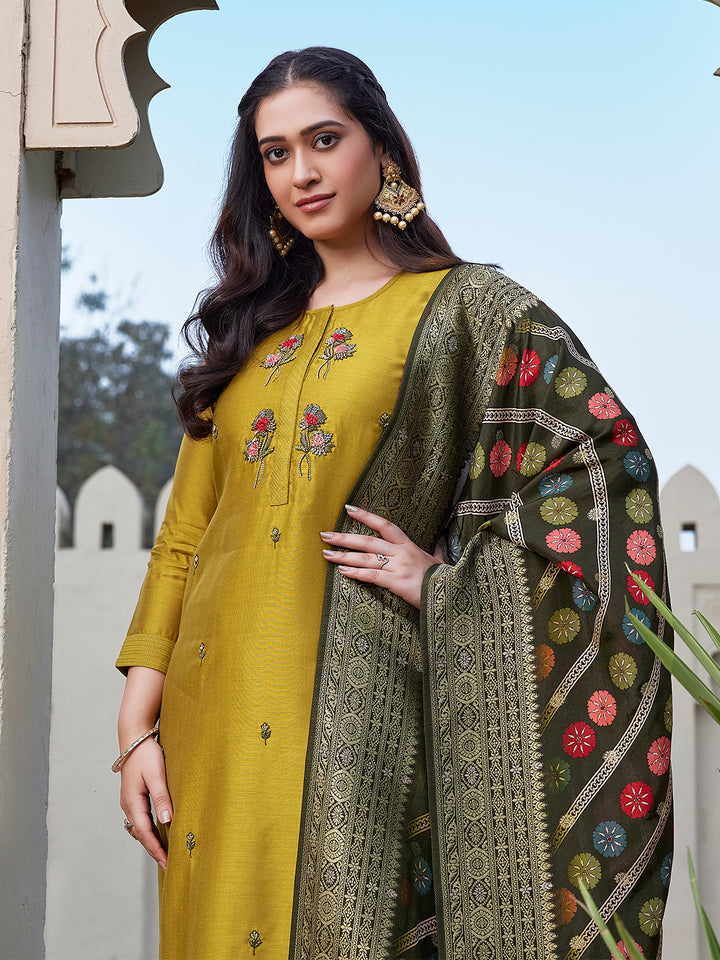 Mustard Yellow Semi Silk Suit Set