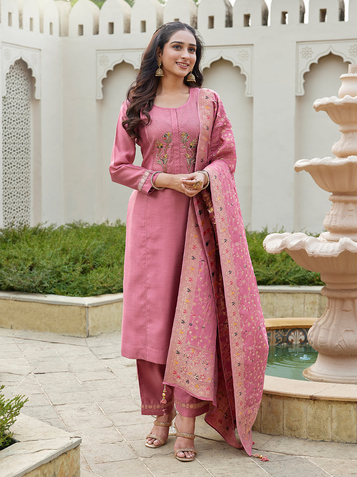 Dusky Pink Semi Silk Suit Set