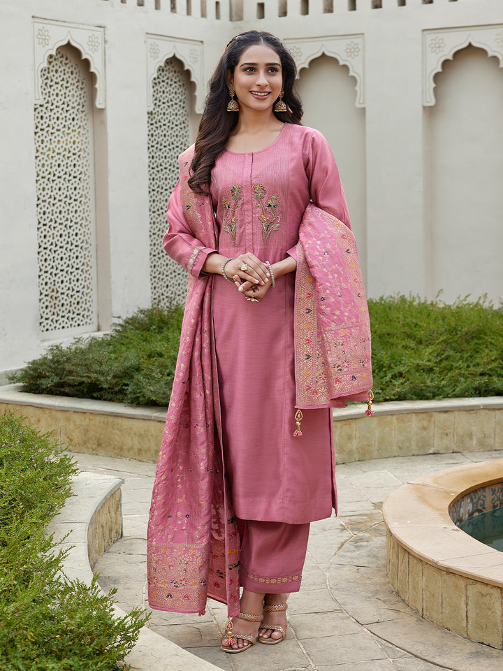 Dusky Pink Semi Silk Suit Set