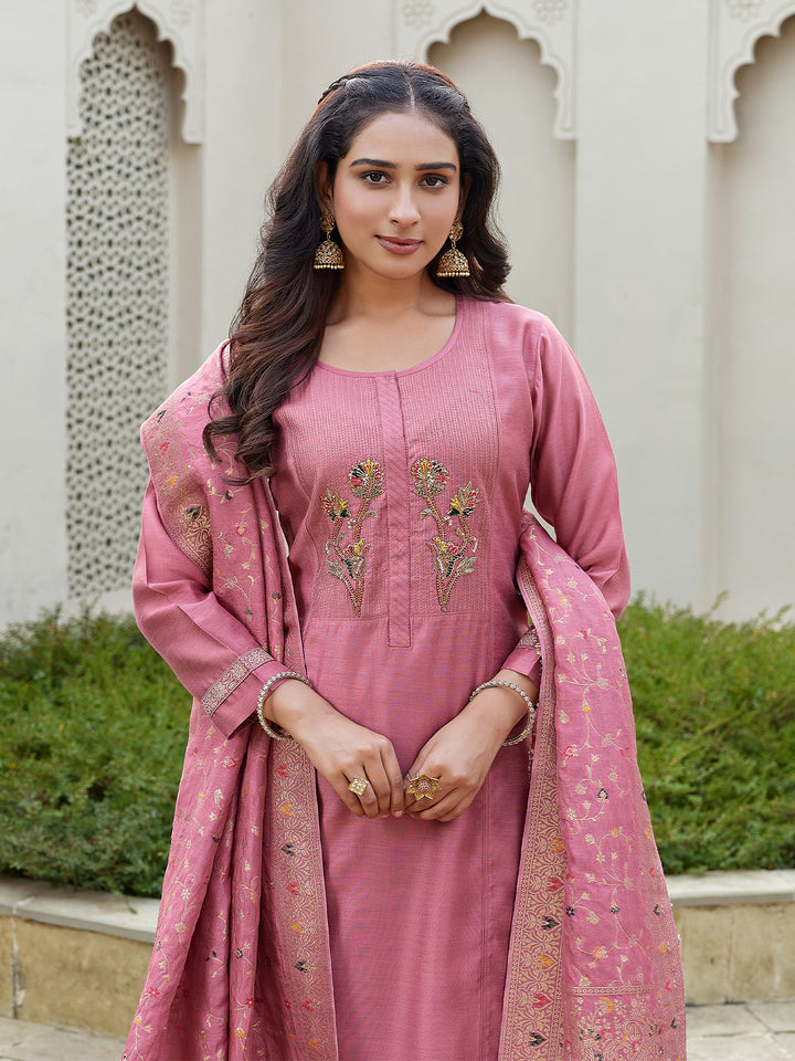 Dusky Pink Semi Silk Suit Set