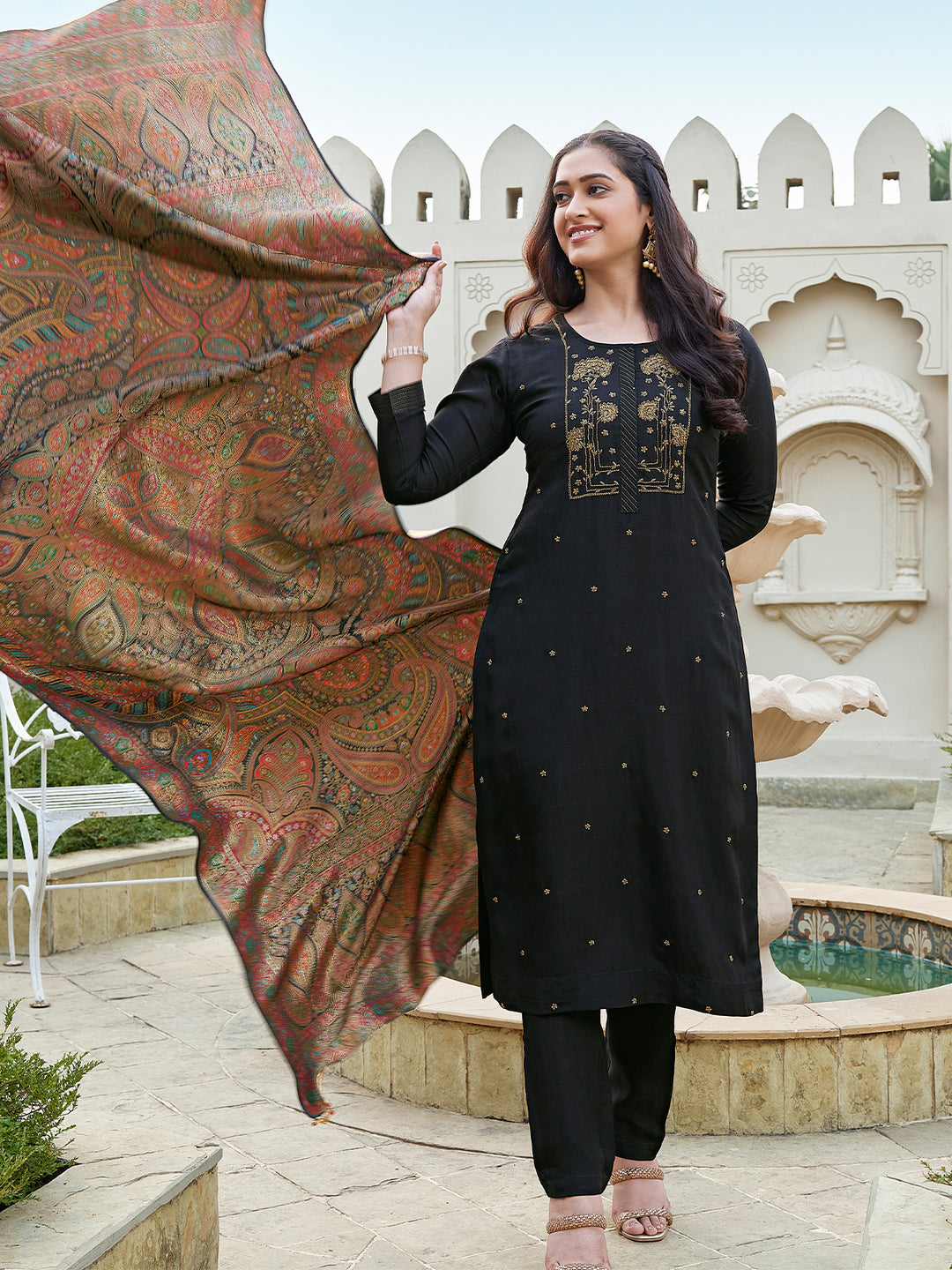 Black Semi Silk Suit Set
