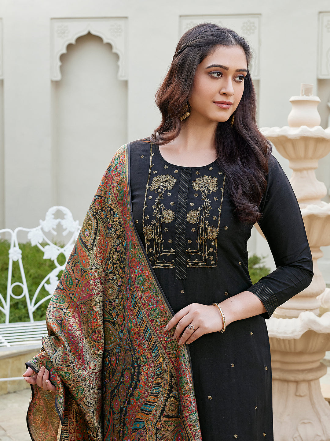 Black Semi Silk Suit Set