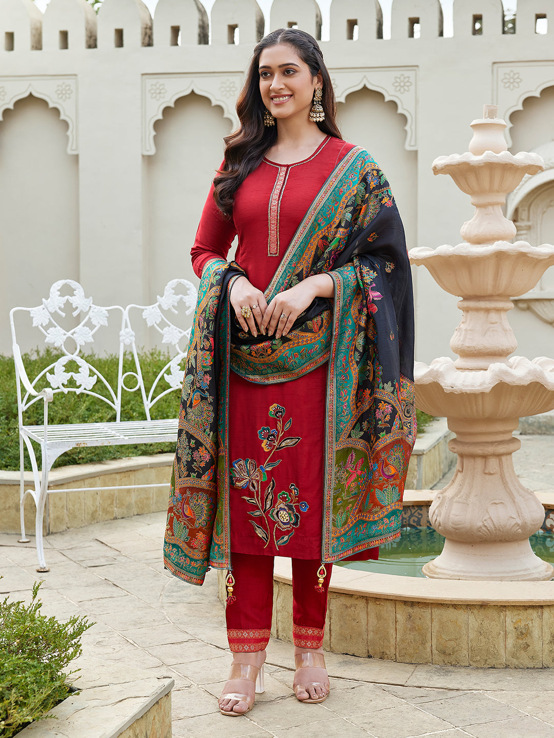Deep Crimson Semi Silk Suit Set
