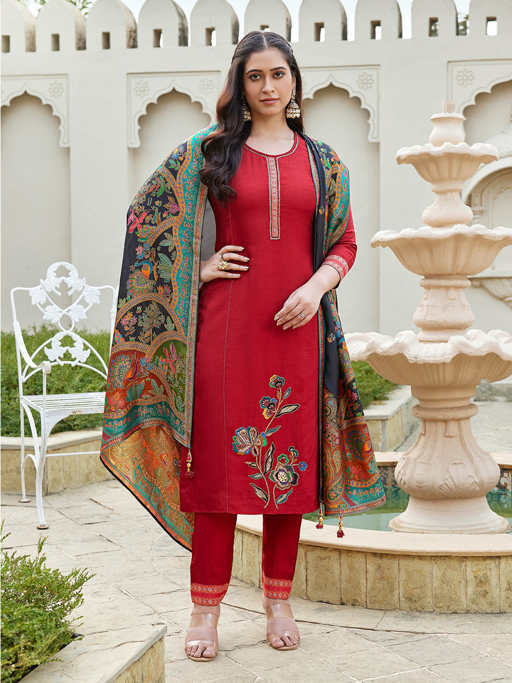 Deep Crimson Semi Silk Suit Set