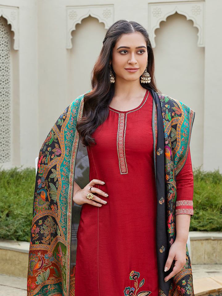 Deep Crimson Semi Silk Suit Set
