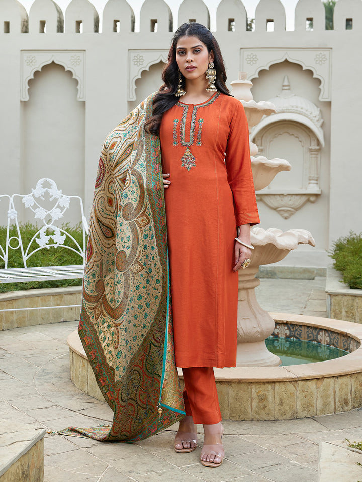 Burnt Orange Semi Silk Suit Set