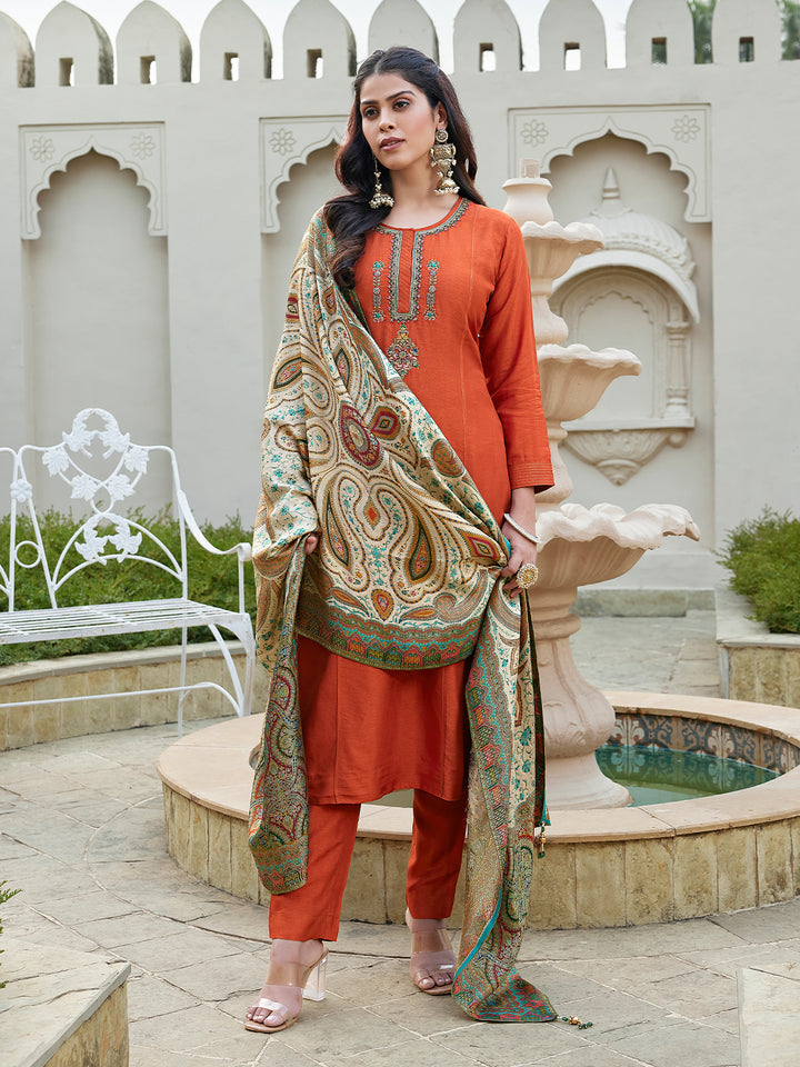 Burnt Orange Semi Silk Suit Set