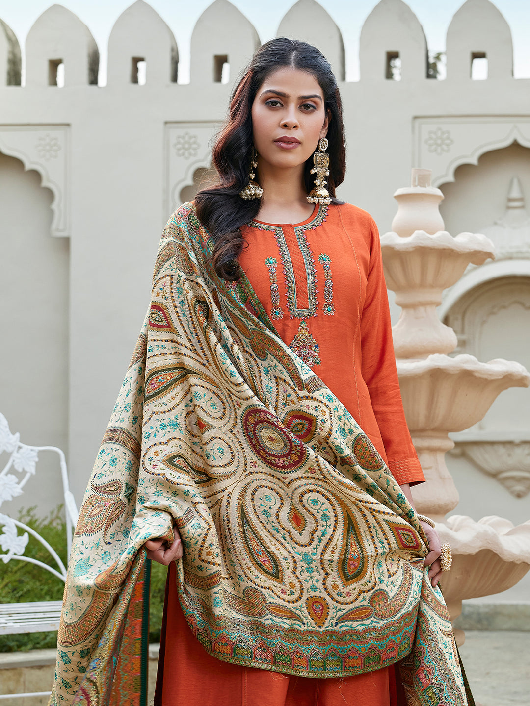 Burnt Orange Semi Silk Suit Set