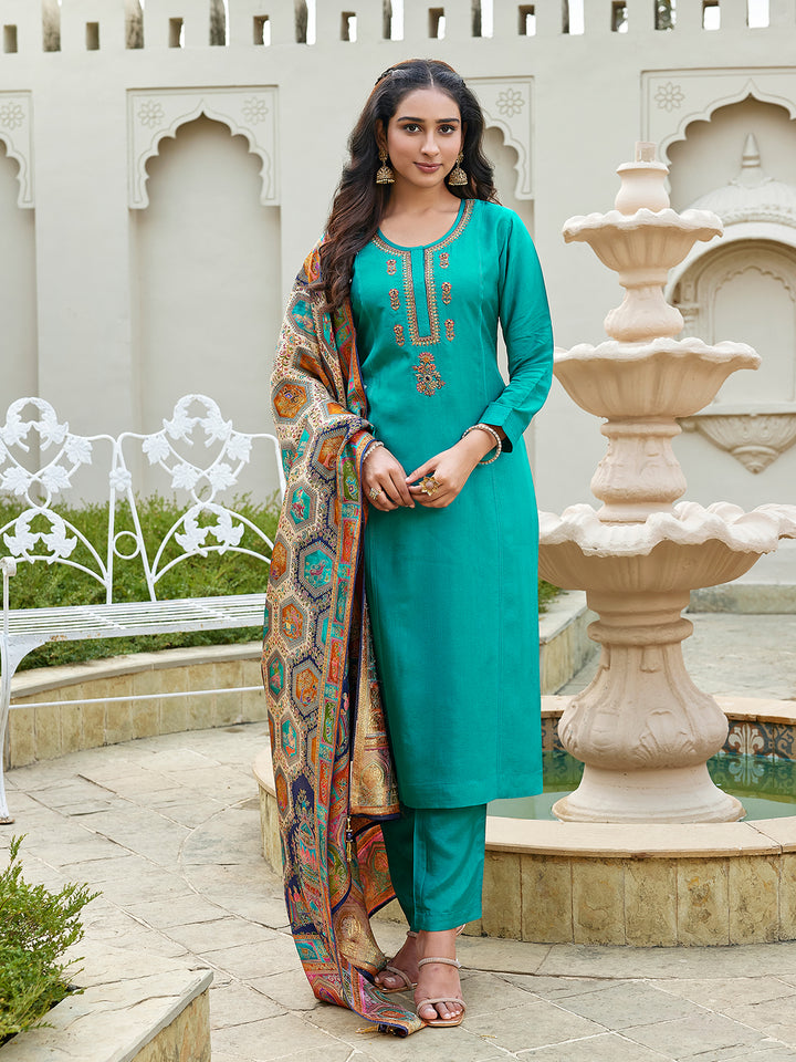 Teal Semi Silk Suit Set