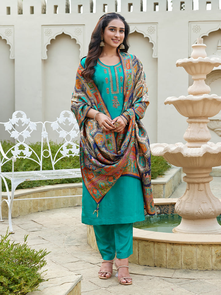 Teal Semi Silk Suit Set