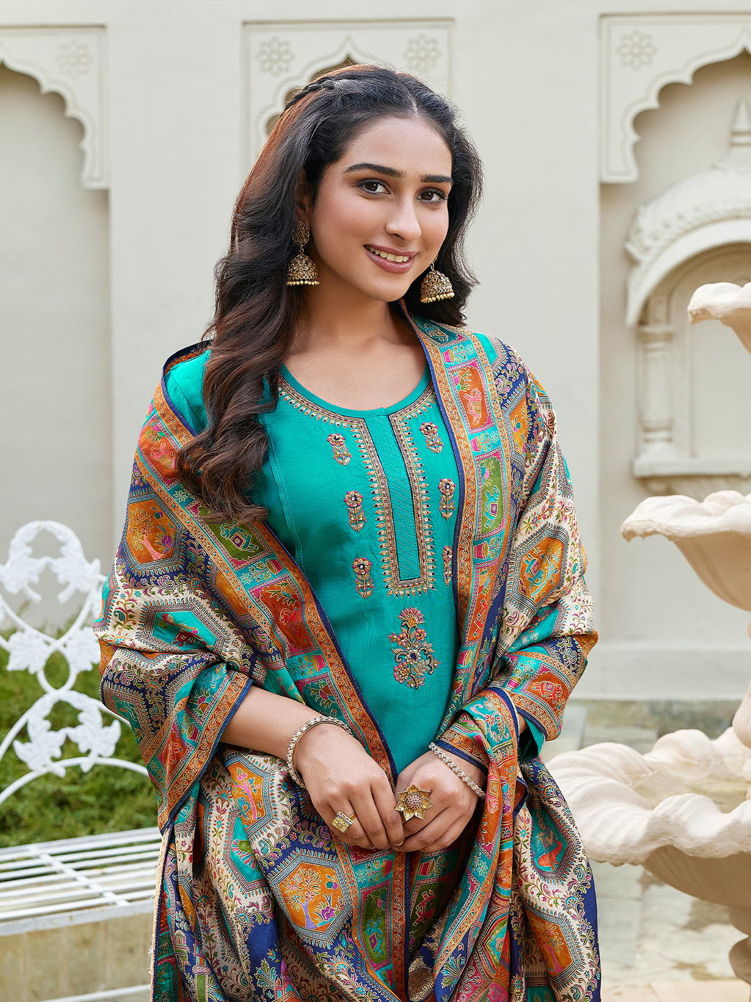 Teal Semi Silk Suit Set