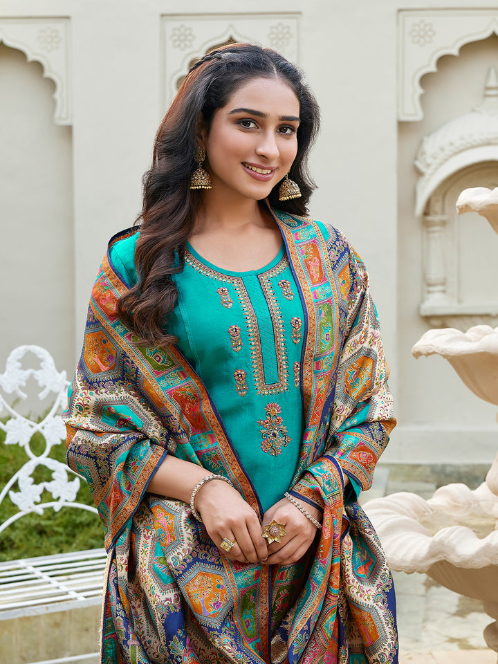 Teal Semi Silk Suit Set