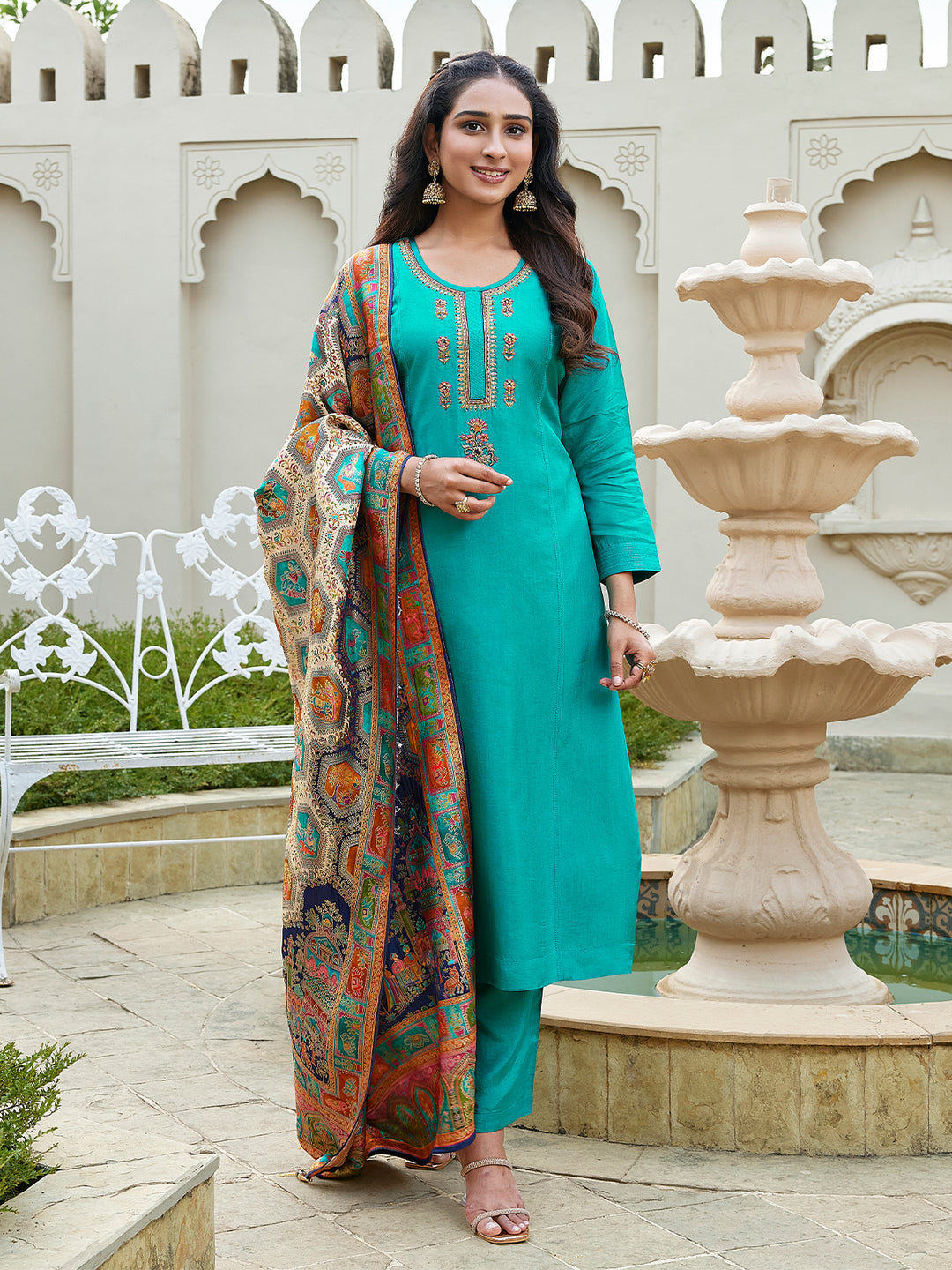Teal Semi Silk Suit Set