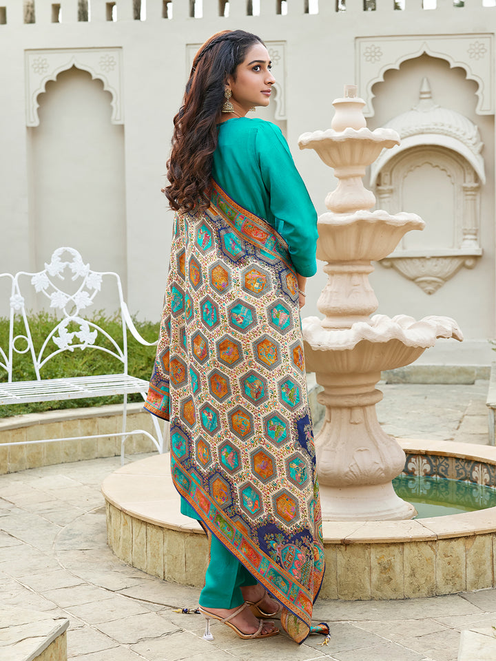Teal Semi Silk Suit Set
