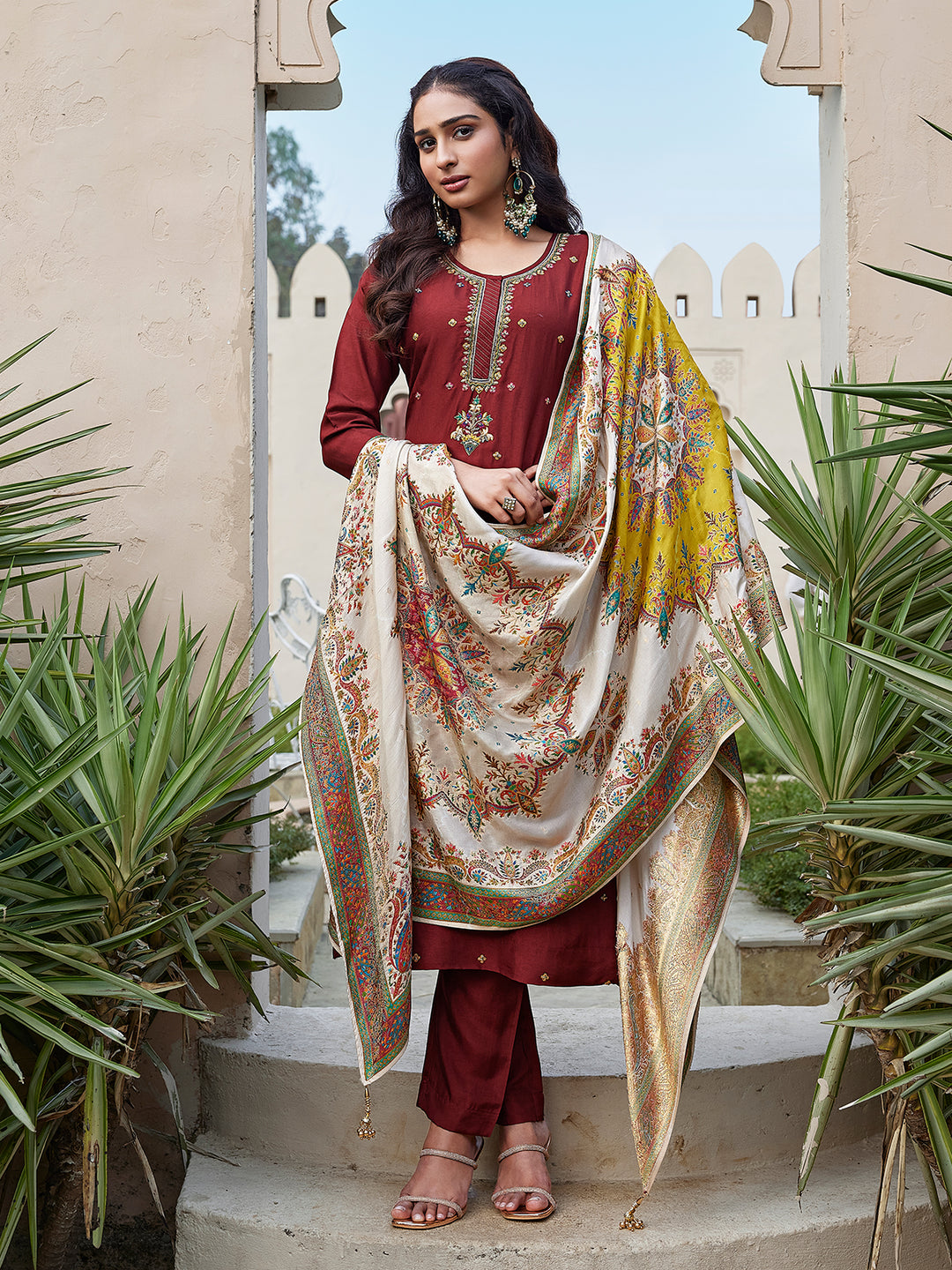 Maroon Semi Silk Suit Set