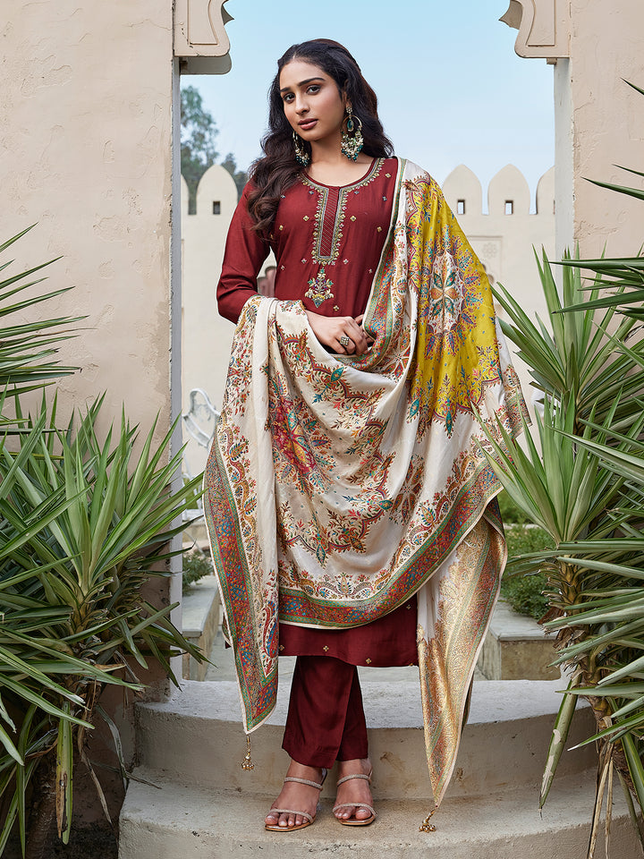 Maroon Semi Silk Suit Set