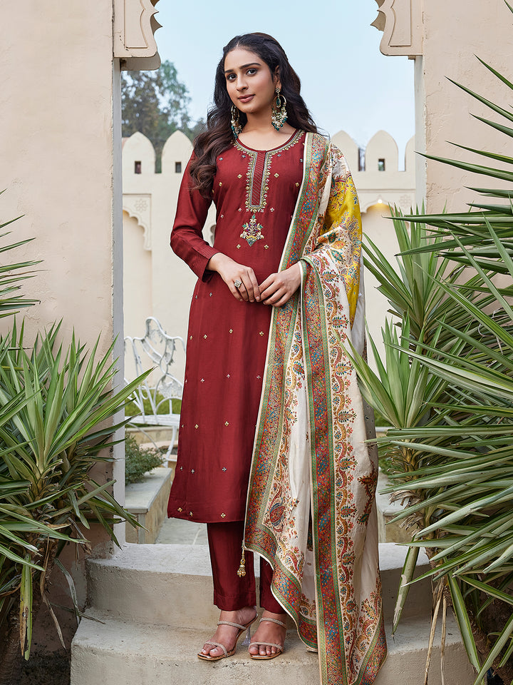 Maroon Semi Silk Suit Set