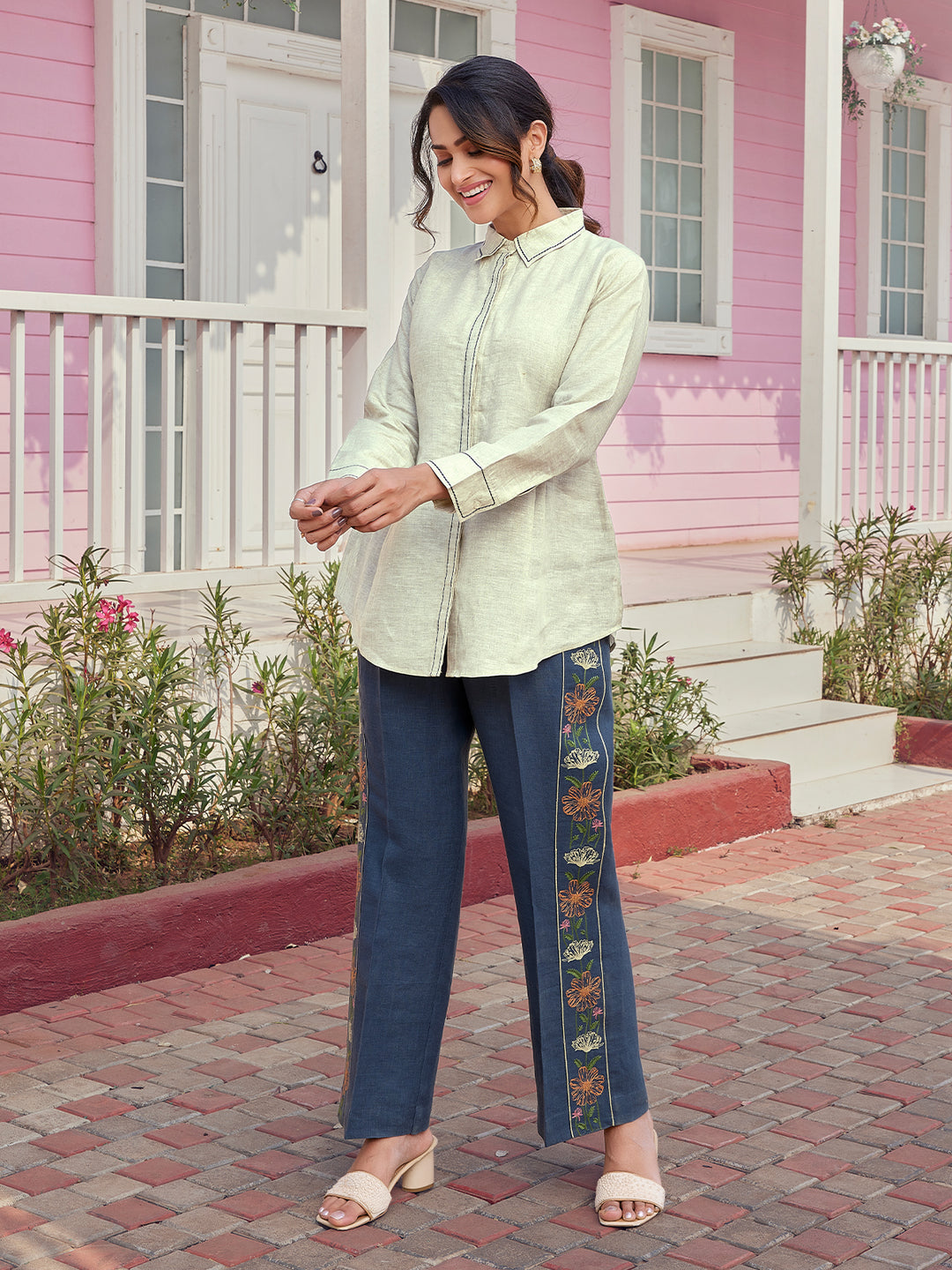Beige Linen Shirt Set
