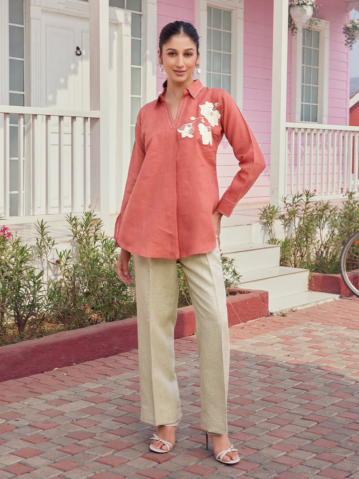Rust Floral Embroidered Linen Shirt Set