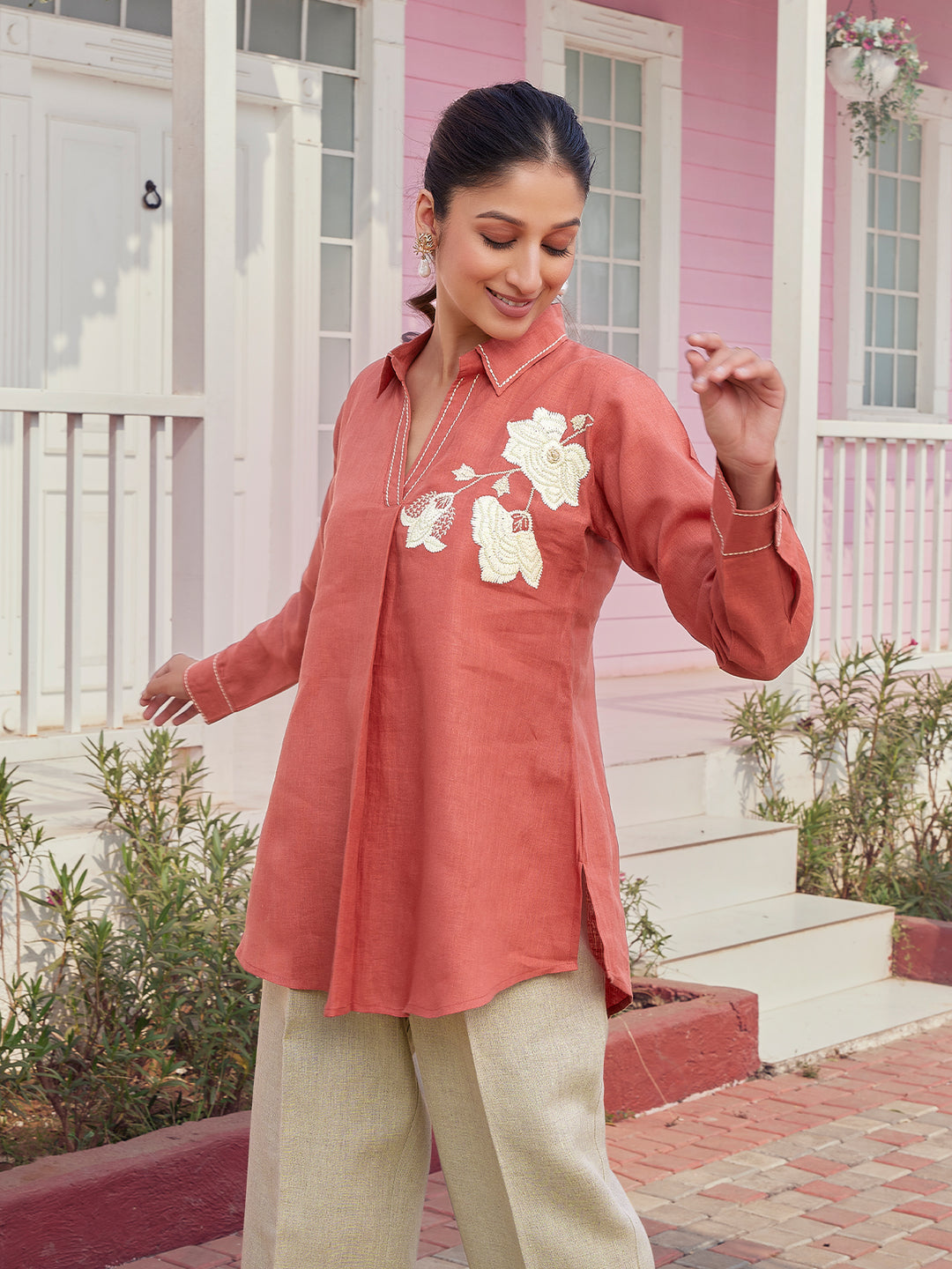 Rust Floral Embroidered Linen Shirt Set