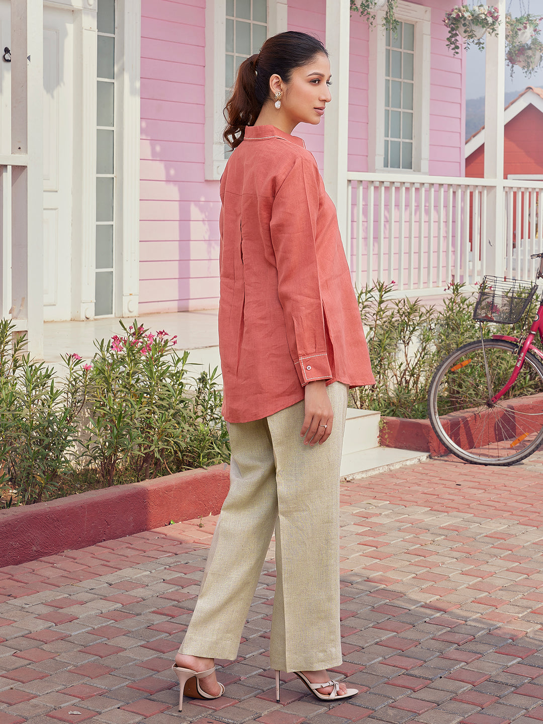 Rust Floral Embroidered Linen Shirt Set