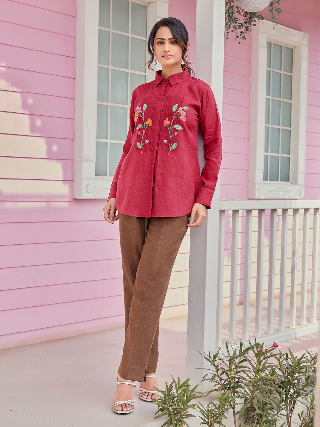 Maroon Floral Embroidered Linen Shirt Set
