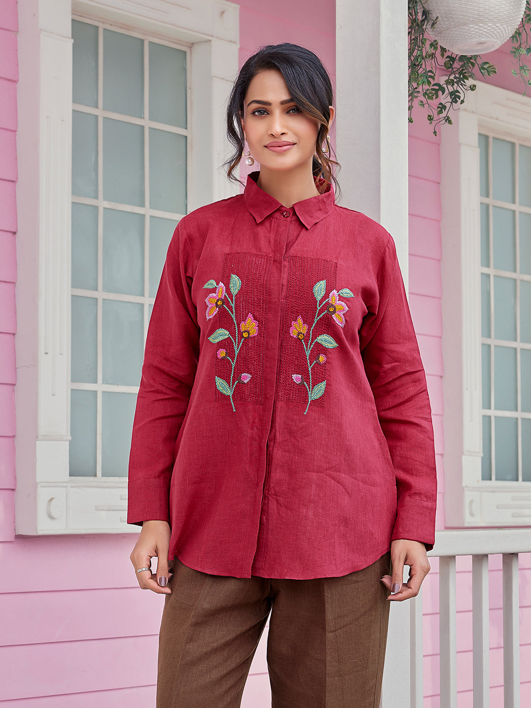 Maroon Floral Embroidered Linen Shirt Set
