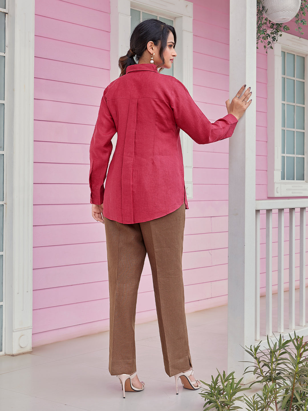 Maroon Floral Embroidered Linen Shirt Set