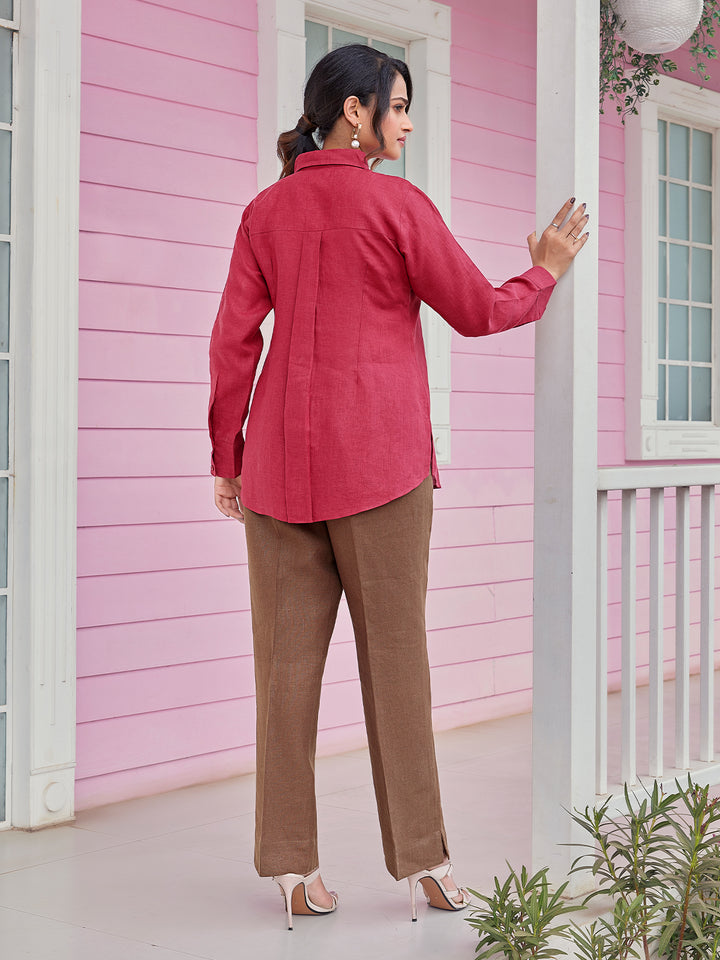 Maroon Floral Embroidered Linen Shirt Set