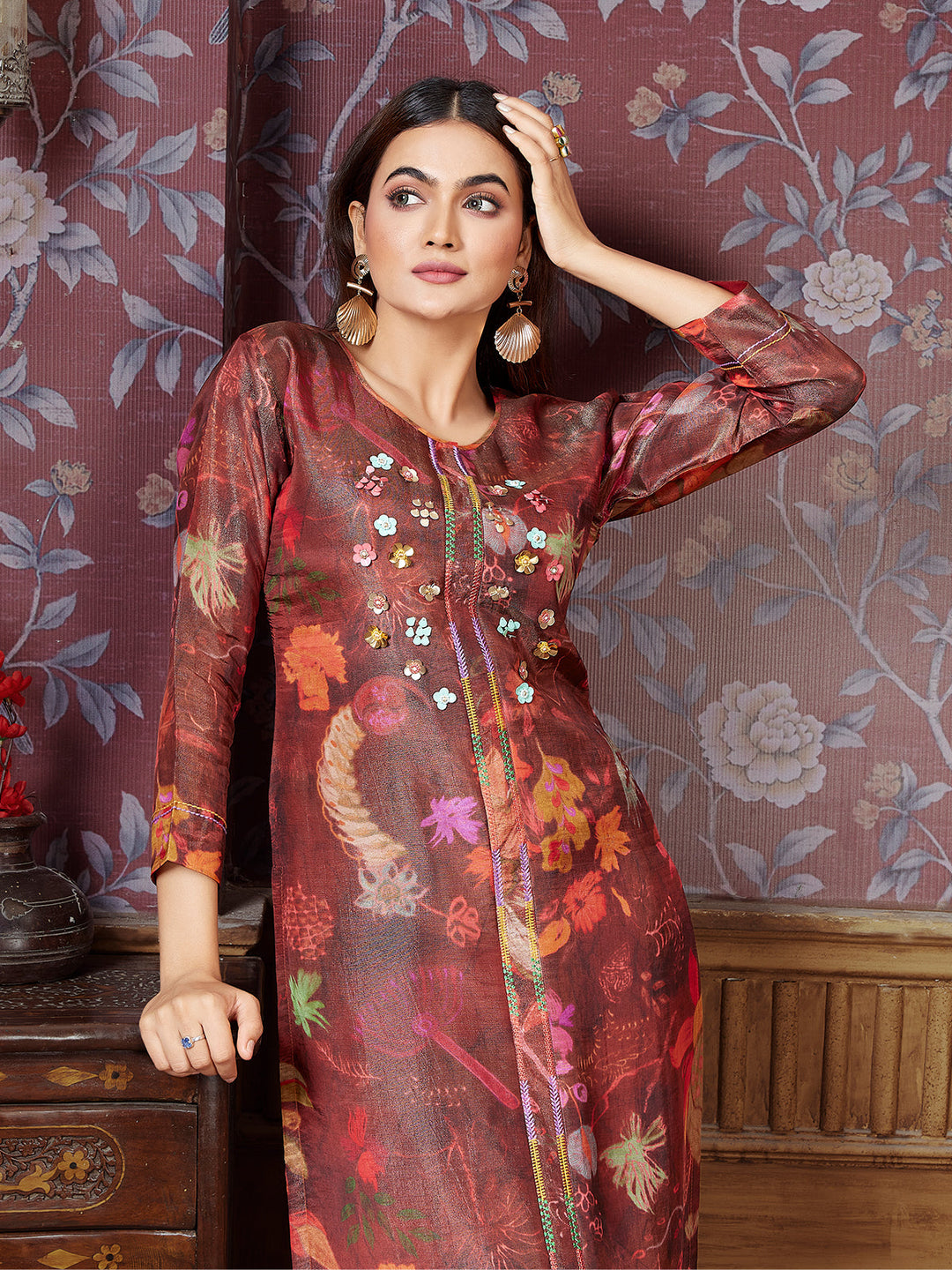 Maroon Floral Tissue Silk Kurti