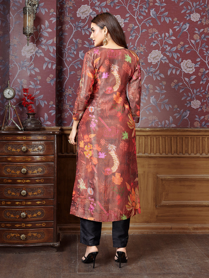 Maroon Floral Tissue Silk Kurti