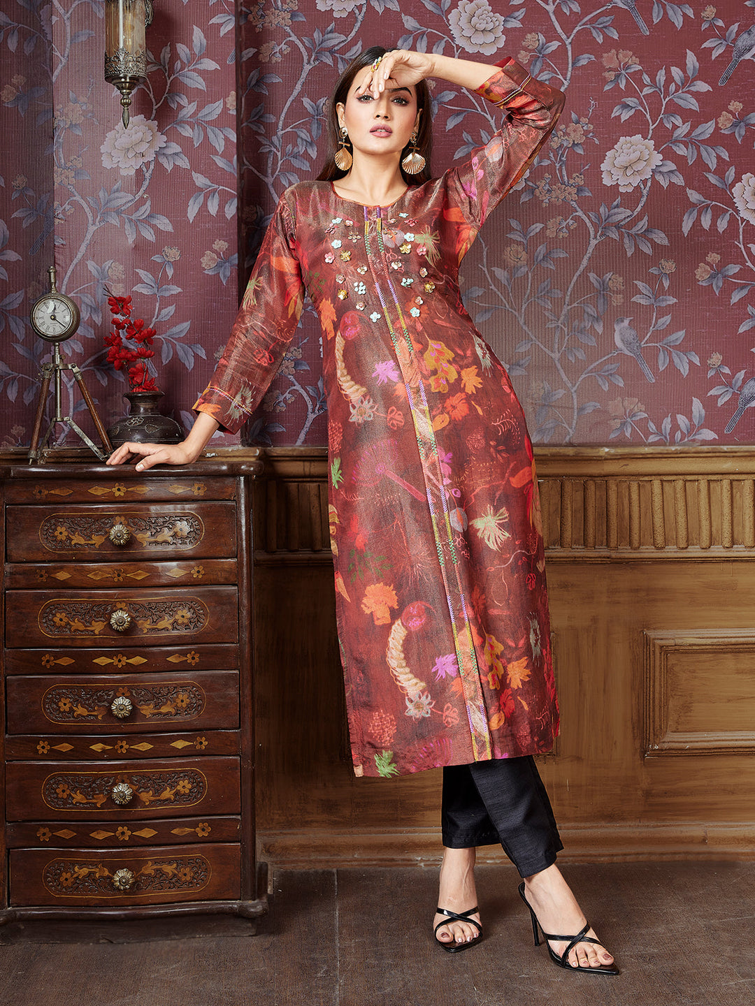 Maroon Floral Tissue Silk Kurti