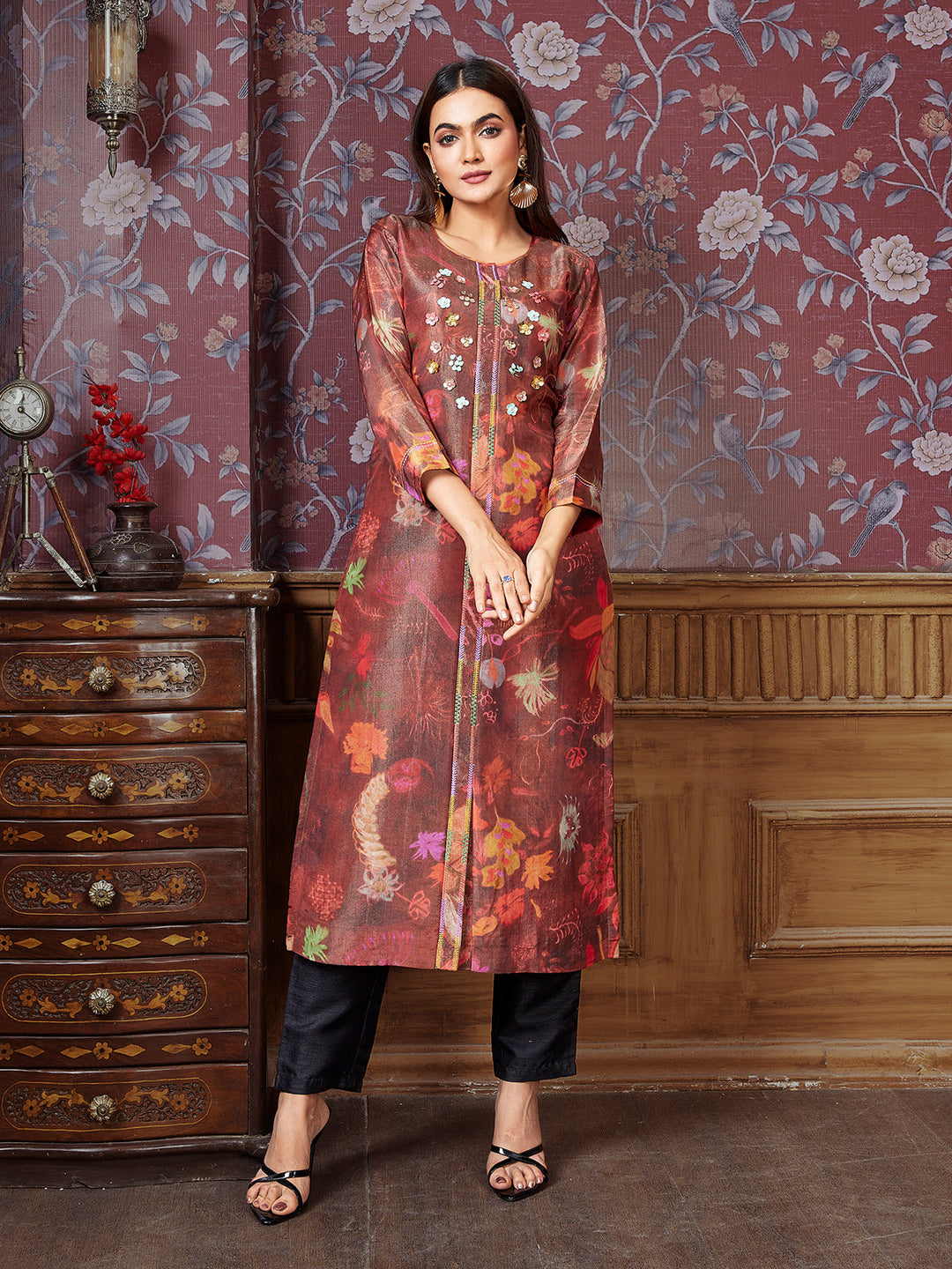 kurti tissue dress design KALON WOMEN | Crush tissue silk heavy handwork A line kurtis. V neck, three forth sleeves..With lining