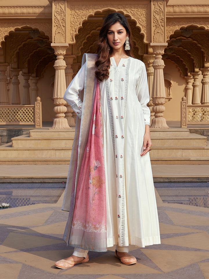 Cream Semi Silk Anarkali Set