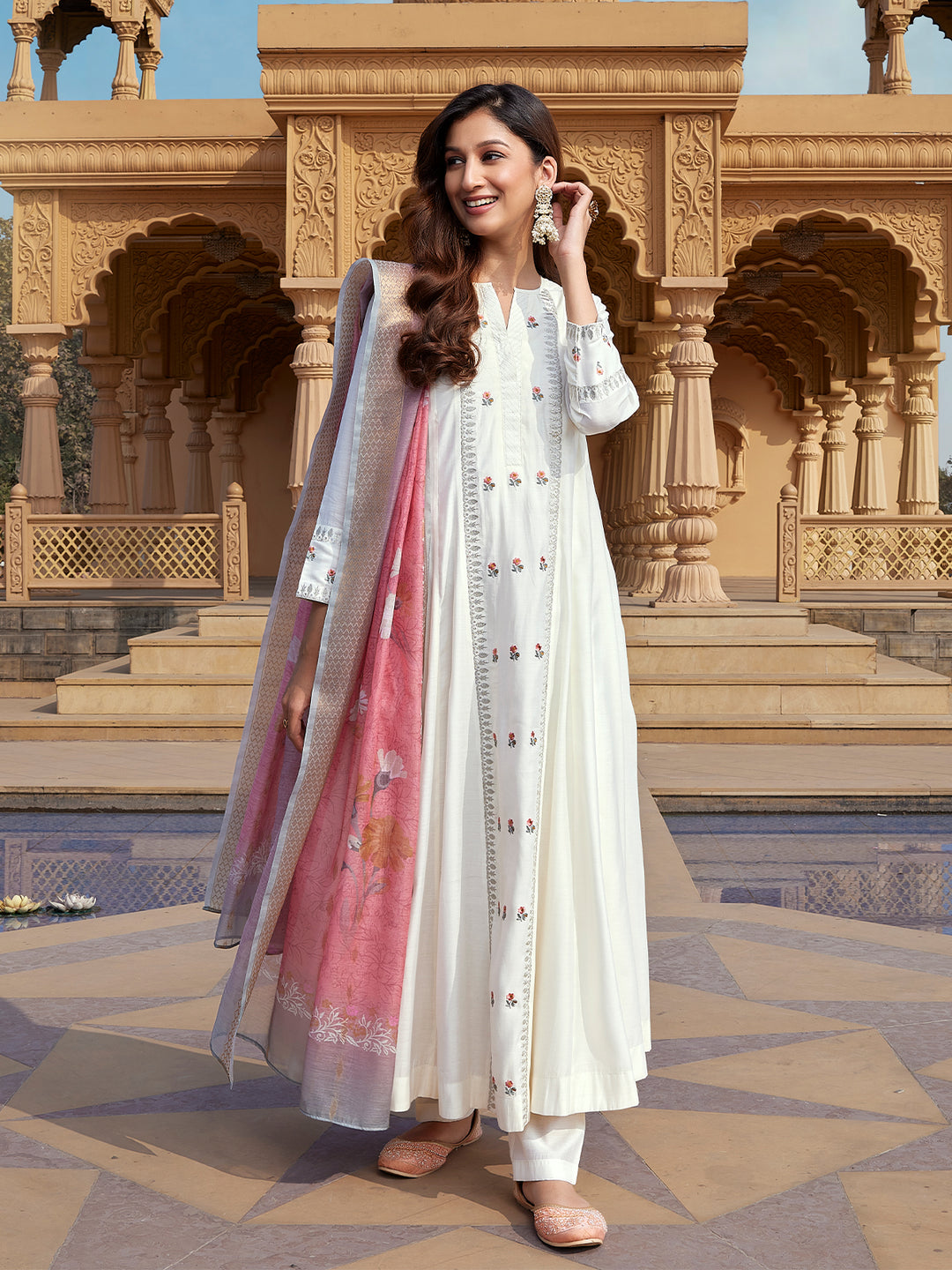Cream Semi Silk Anarkali Set
