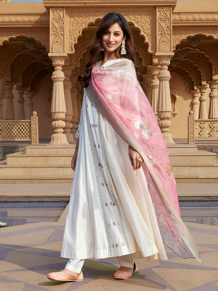 Cream Semi Silk Anarkali Set