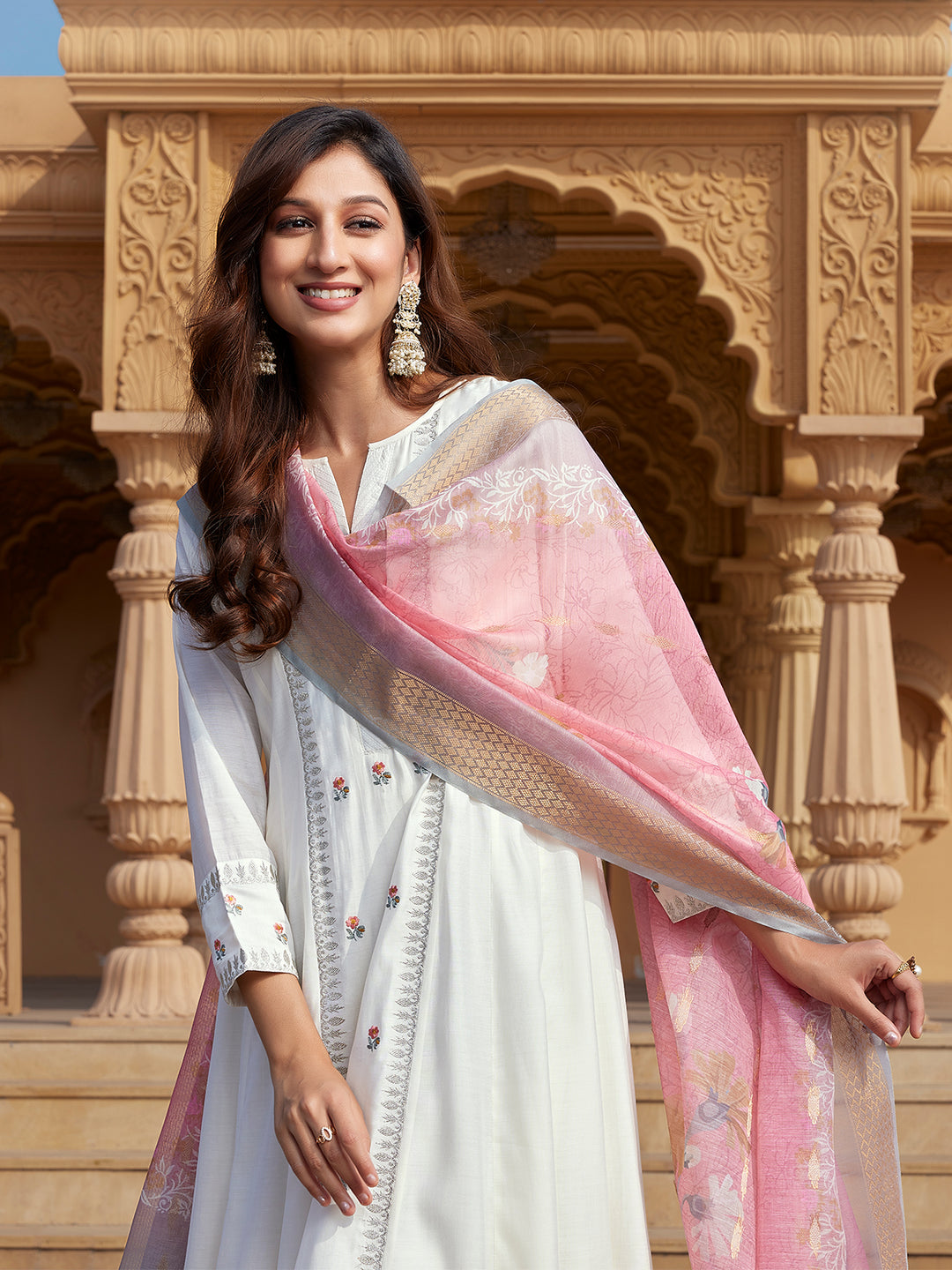 Cream Semi Silk Anarkali Set